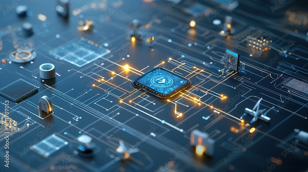 Poster futuristic intelligent energy management system with advanced circuit board microchips and digital t