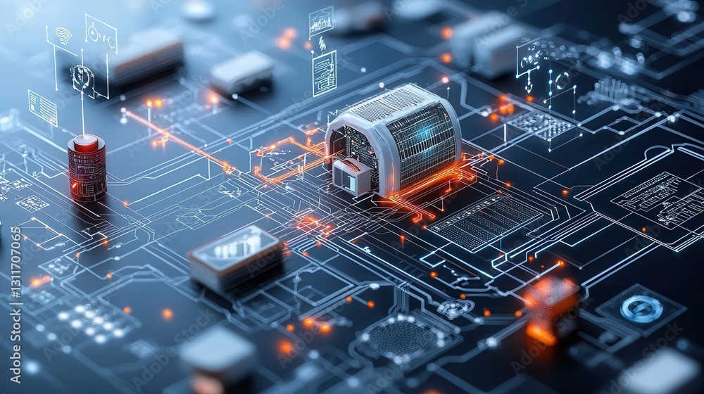 Poster futuristic smart energy management system with intelligent circuitry advanced processors and cutting