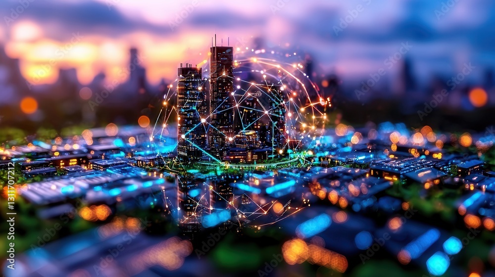 Aufkleber intelligent energy network control hub monitoring the futuristic smart city landscape at night with 