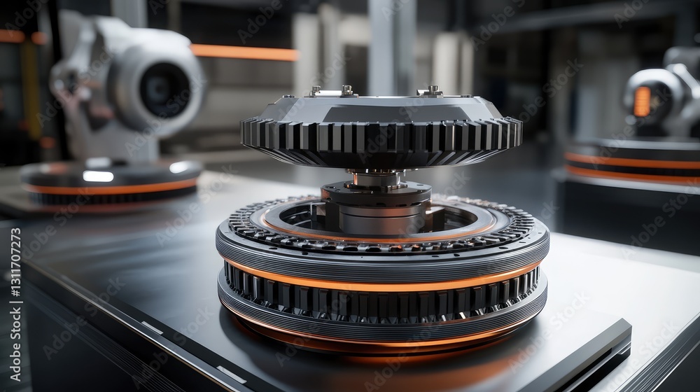 Poster rotating wheels of a robotic arm assembling parts, industrial automation in motion.
