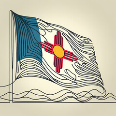 Continuous one-line drawing of the New Mexico flag waving, abstract smooth lines forming the Zia symbol.