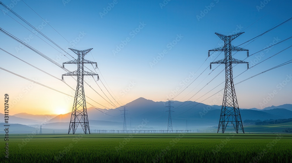 Poster intelligent power grid with automated monitoring system in a scenic rural landscape at sunset