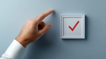 A businessman points his finger at a red check mark in a box, emphasizing approval and successful decision-making on a blue background