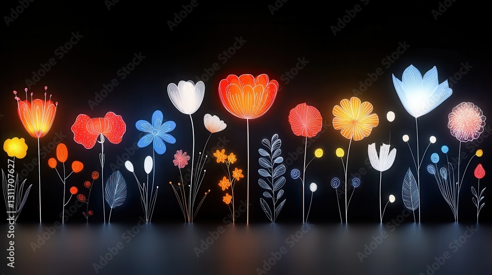 Poster intricate and neon flowers with dynamic glowing illumination creating a surreal and captivating flor