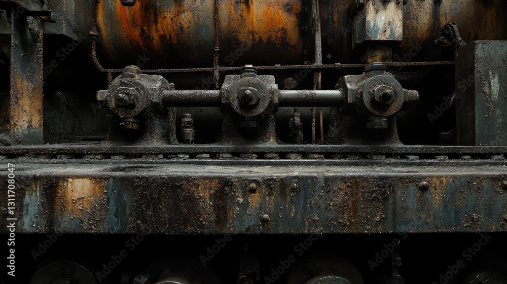 Poster rusted metal levers and cranks from an abandoned factory machine, set against a dark and moody backd