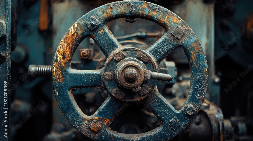 Aufkleber rusted metal levers and cranks from an abandoned factory machine, set against a dark and moody backd