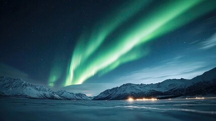 Naklejka premium Aurora borealis northern lights concept. Breathtaking view of the Northern Lights illuminating a winter landscape with mountains.