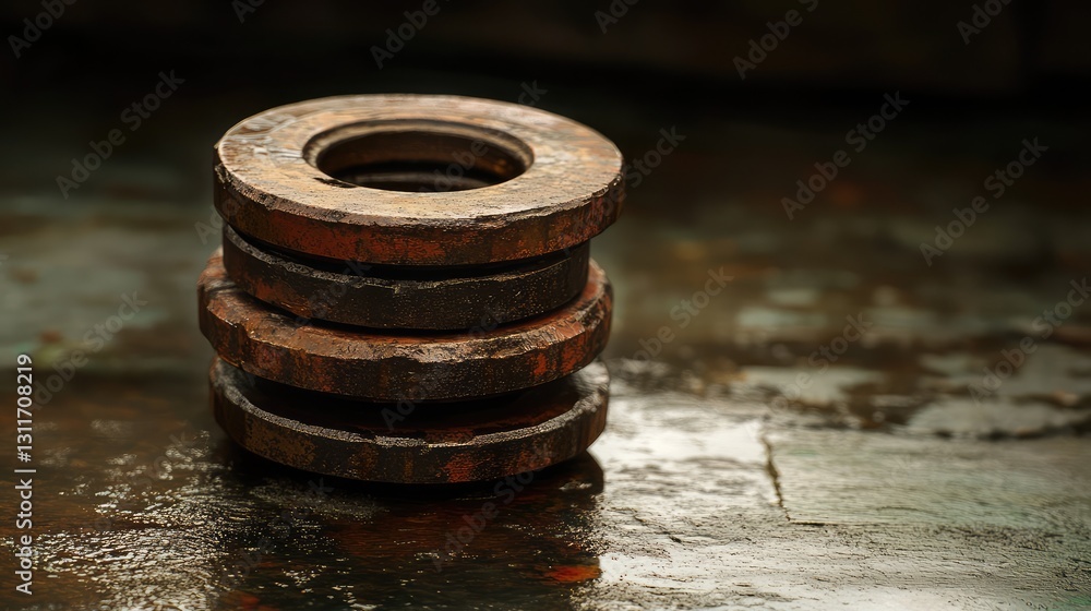 Poster rusty industrial gears stacked together, creating a textured vintage composition. earthy tones and a