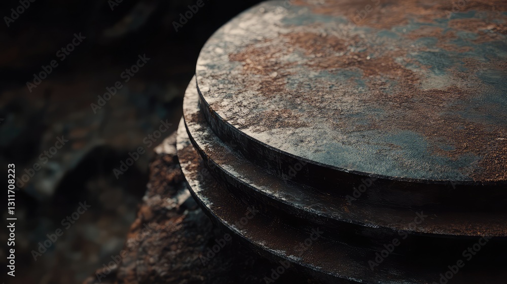 Poster rusty industrial gears stacked together, creating a textured vintage composition. earthy tones and a
