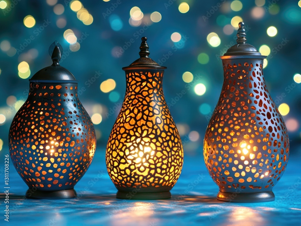 Poster three lanterns with holes in them are lit up, creating a warm and cozy atmosphere. the blue backgrou