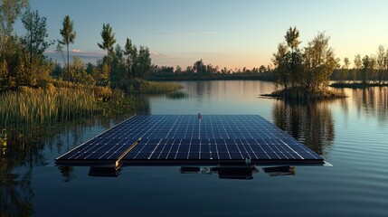 Floating solar panel farm in a serene lake harnessing renewable energy