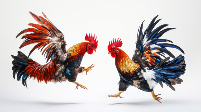 Two fierce Thai fighting roosters mid-battle, feathers flying