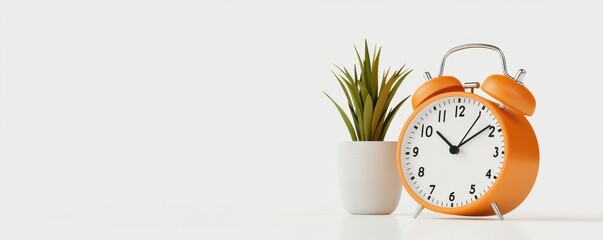 A vibrant orange alarm clock sits beside a small green plant in a white pot, set against a minimalistic background.