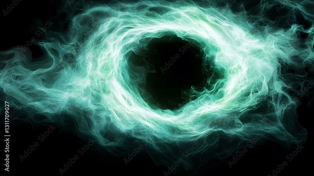 Poster the image contains an abstract swirling teal and green nebula-like formation, creating a circular sh