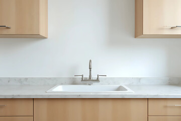 White kitchen sink built in light countertop, copy space backdrop. Interior with wood cabinets