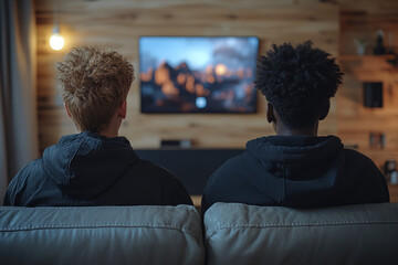 Two friends enjoying a movie night on a couch in a wooden-themed living room