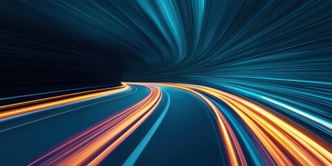 A dynamic and colorful abstract representation of light trails, evoking speed and motion through a dark, swirling background.