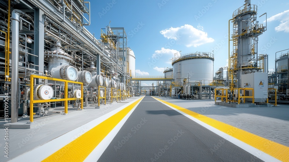 Poster aerial view of a large industrial fuel storage facility with multiple massive storage tanks arranged