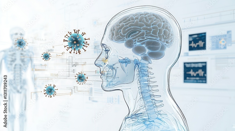 Poster an abstract and futuristic medical imaging inspired x ray rendering of the human brain showcasing th