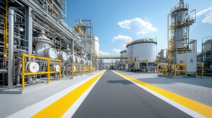 Aerial view of a large industrial fuel storage facility with multiple massive storage tanks arranged in an orderly layout  The complex features advanced technology for the processing containment