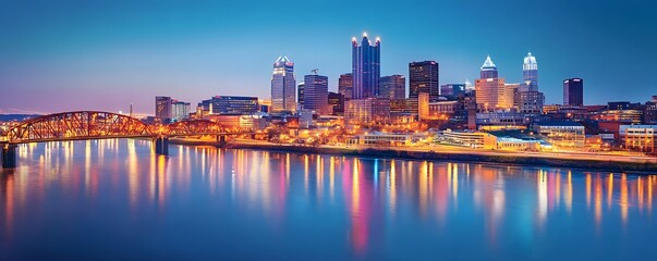Riverfront cityscape with bridges and lights