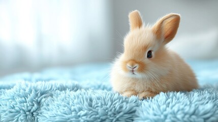Cute bunny on blue fuzzy blanket