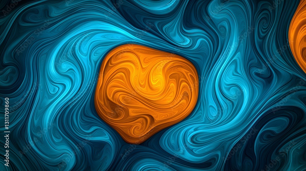Poster the image contains an abstract artwork featuring swirling, flowing patterns in shades of teal and or