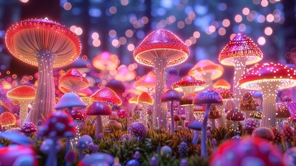 Enchanted forests with neon trees and luminous mushrooms create a dreamlike fantasy atmosphere