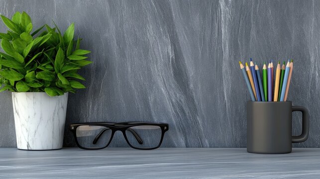 Bright and organized workspace showcasing a marble desk, computer monitor, and neatly arranged stationery with natural sunlight