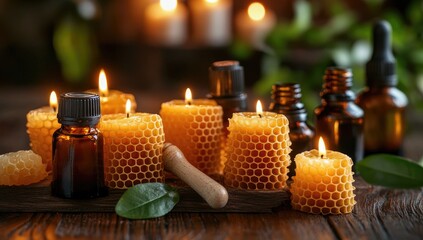 Candles made from honeycomb, arranged on a wooden table with amber bottles of essential oils in the background.