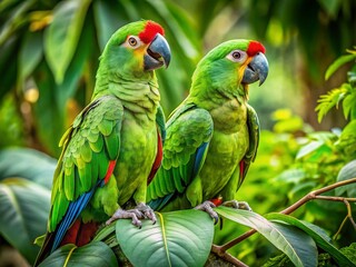 Vibrant Green Parrots Perched on Lush Branch - Tropical Bird Photography