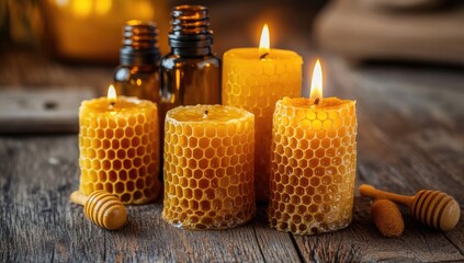Candles made from honeycomb, arranged on a wooden table with amber bottles of essential oils in the background.