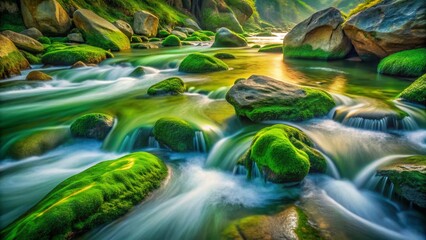 Fototapeta premium Vibrant Green Rock Textures: Abstract Watercolor Long Exposure Photography
