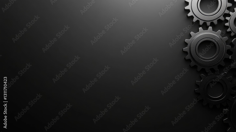 Poster stacked gears with light reflections, set against a clean monochrome background with modern aestheti
