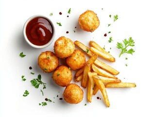 Crispy Fried Cheese Balls and French Fries with Sauce