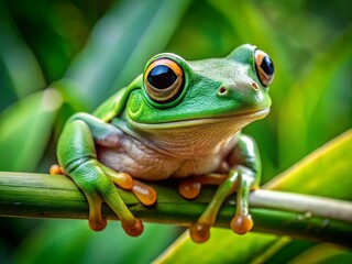 Obraz premium Vibrant Green Tree Frog Perched on Branch - Drone Aerial View
