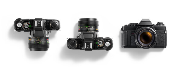 Top view of 35mm film camera, analog vintage classic retro style, isolated on a transparent...