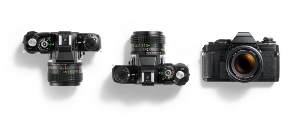 Top view of 35mm film camera, analog vintage classic retro style, isolated on a transparent background, PNG. High resolution.