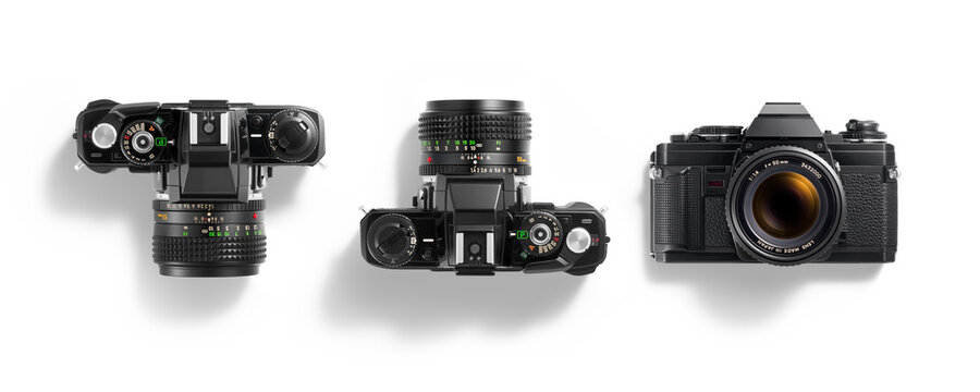 Top view of 35mm film camera, analog vintage classic retro style, isolated on a transparent background, PNG. High resolution.