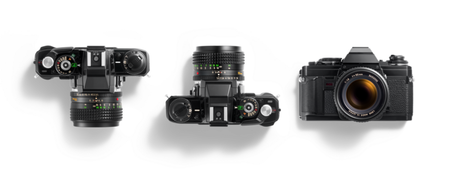 Top view of 35mm film camera, analog vintage classic retro style, isolated on a transparent background, PNG. High resolution.