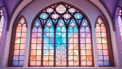 Abstract stained glass window with colorful geometric pattern and soft pastel tones. Ideal for church decor, artistic window designs, and spiritual architecture.