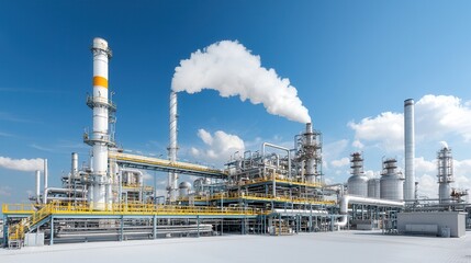 Obraz premium A large scale industrial facility with a complex network of well maintained pipelines silos and smokestacks rising against a clear blue sky