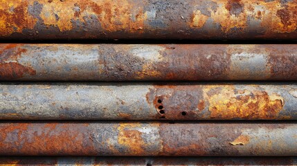 Stack of rusted steel rods, showing texture, corrosion, and industrial wear over time.