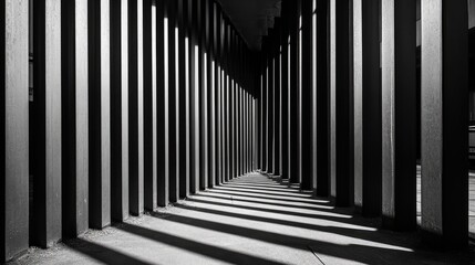 Steel fence with repeating vertical bars, strong industrial symmetry with dramatic shadows.