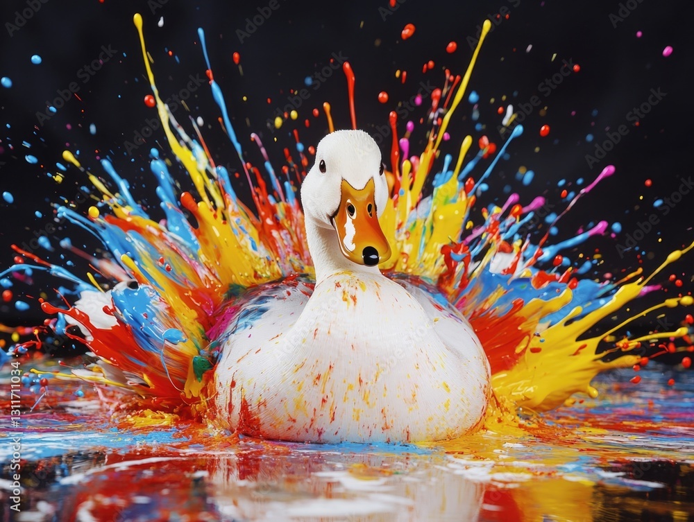 Poster duck image with vivid splash of color, making it a dynamic piece of modern graphic design.