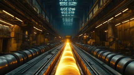 Obraz premium Steel mill production line, with glowing hot steel bars moving on rollers under industrial lighting.