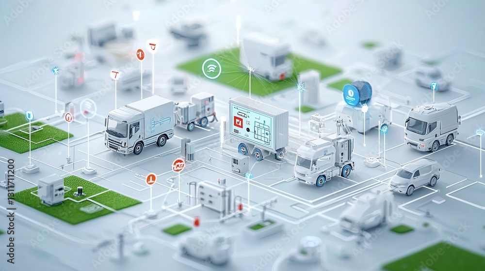 Poster of a modern power distribution network seamlessly integrating intelligent transportation and logisti