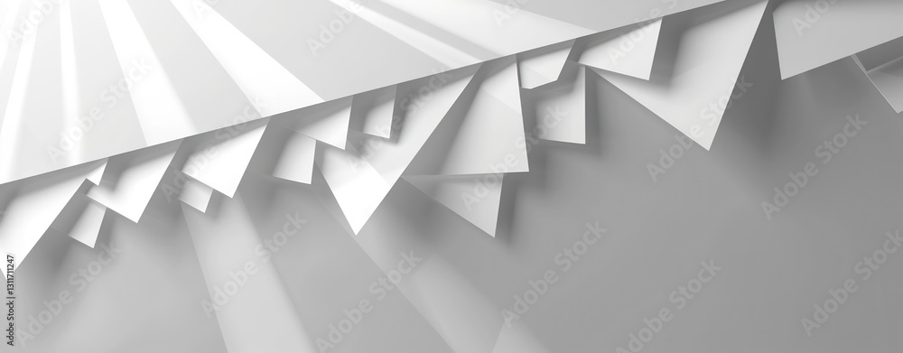 Poster minimalistic white background with a series of white paper triangles shape on wall shadow.