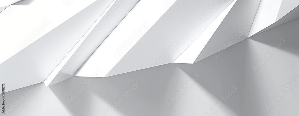 Poster minimalistic white background with a series of white paper triangles shape on wall shadow.