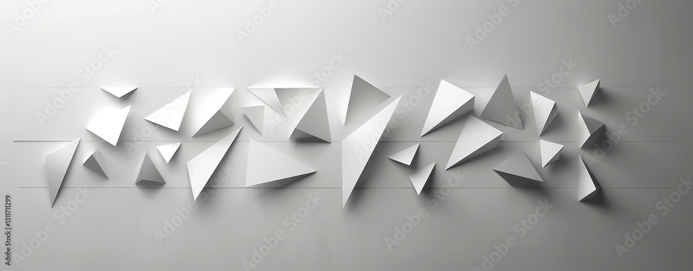 Poster minimalistic white background with a series of white paper triangles shape on wall shadow.